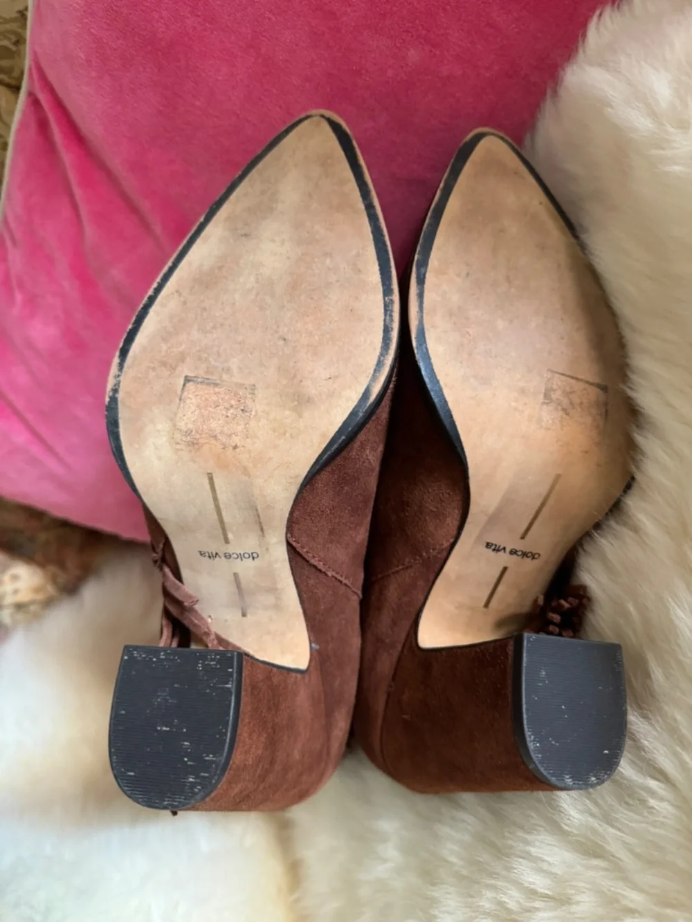 Dolce Vita Rust Brown Suede Fringe Boots pointy toe Western Chic heeled booties